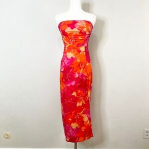 Lulus Bold Tendencies Strapless Floral Midi Dress Cutout Slit Orange Pink XS